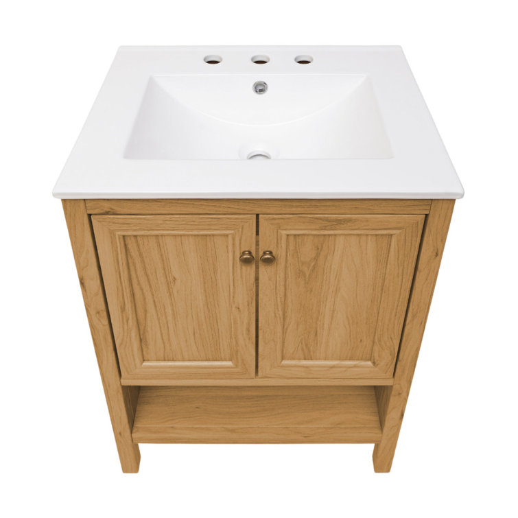 Natural Oak and White Ceramic Freestanding Bathroom Vanity