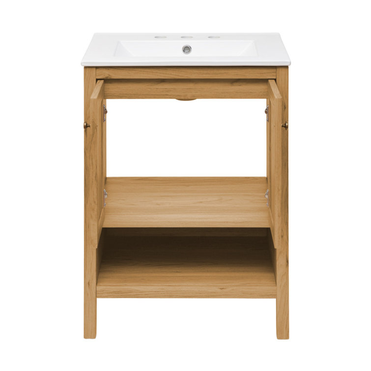 Natural Oak and White Ceramic Freestanding Bathroom Vanity