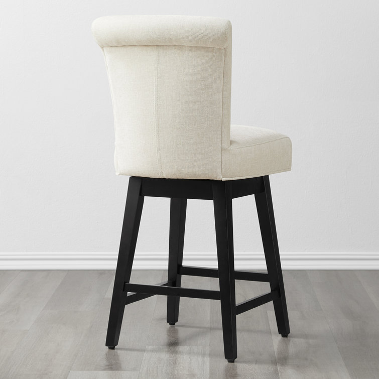 Cream Upholstered Swivel Counter Stool with Solid Wood Base