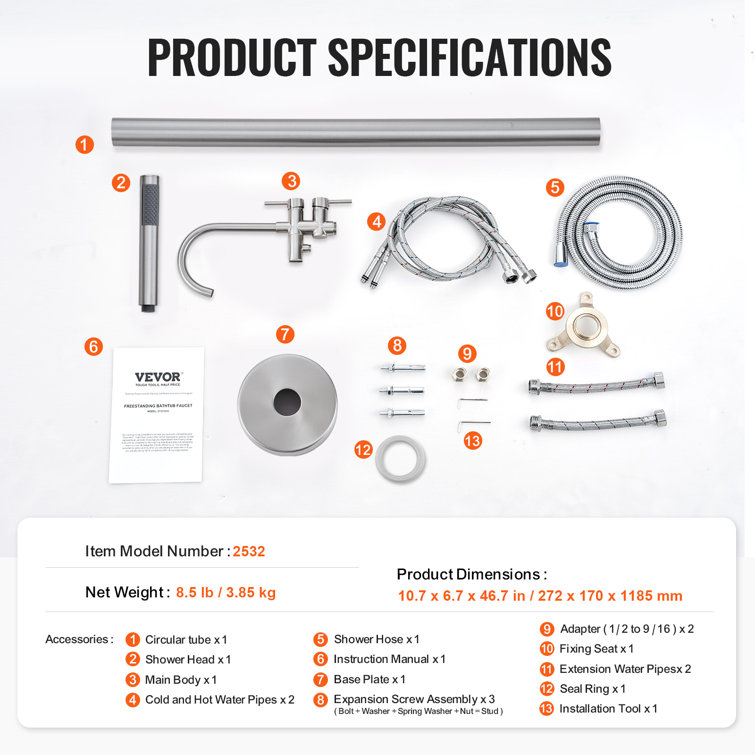 Brushed Nickel Freestanding Bathtub Faucet with Hand Shower