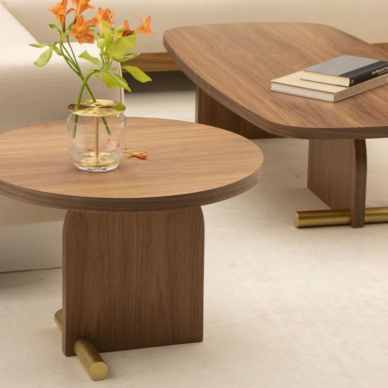 Walnut Oval Solid Wood Coffee Table with Metal Accents