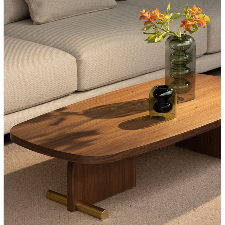 Walnut Oval Solid Wood Coffee Table with Metal Accents