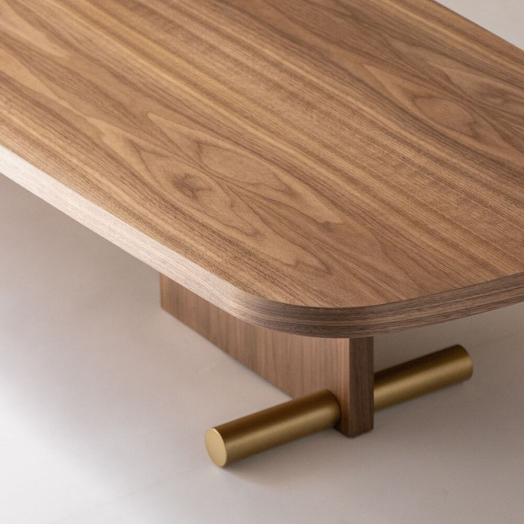 Walnut Oval Solid Wood Coffee Table with Metal Accents