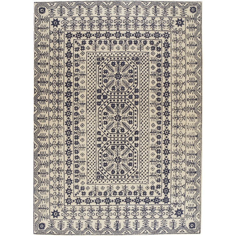 Blue and White Hand-Tufted Wool Rectangular Rug 8' x 11'
