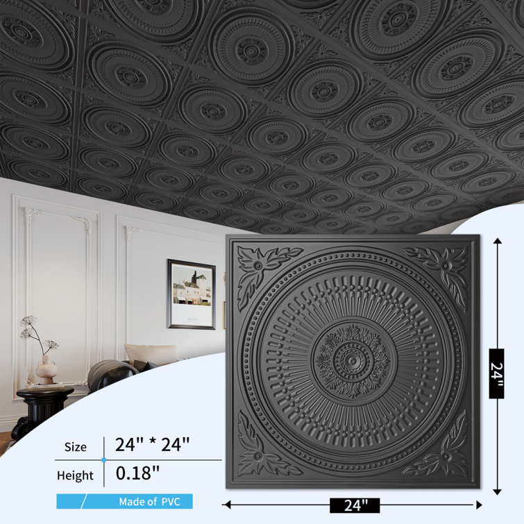 24''x24'' Black Decorative PVC Ceiling Tiles, 12-Pack