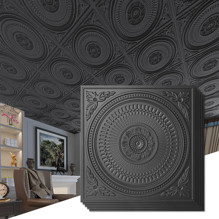 24''x24'' Black Decorative PVC Ceiling Tiles, 12-Pack