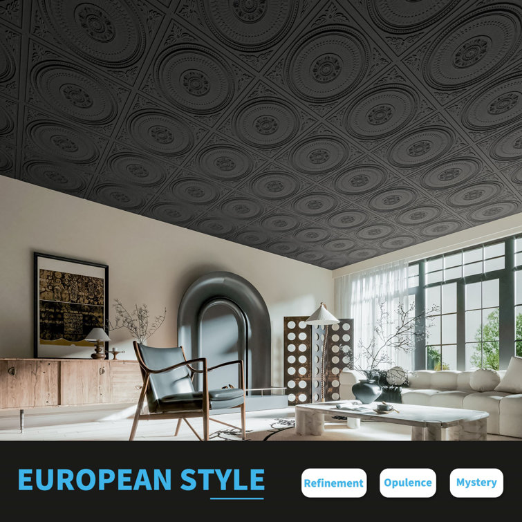 24''x24'' Black Decorative PVC Ceiling Tiles, 12-Pack