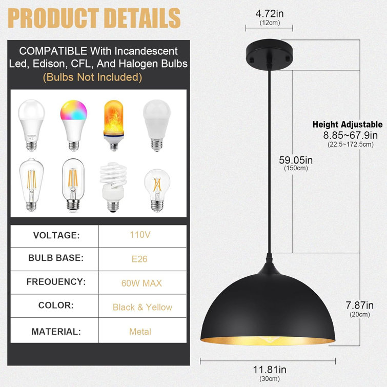 Black Metal Dome Pendant Light with Adjustable Height
