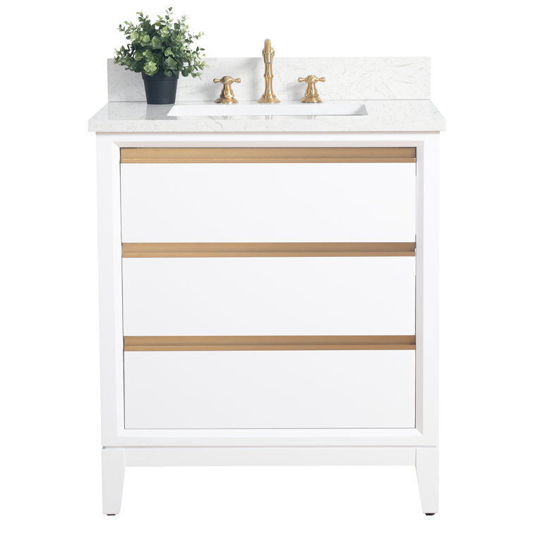 White Poplar Wood Single Bathroom Vanity with Marble Top