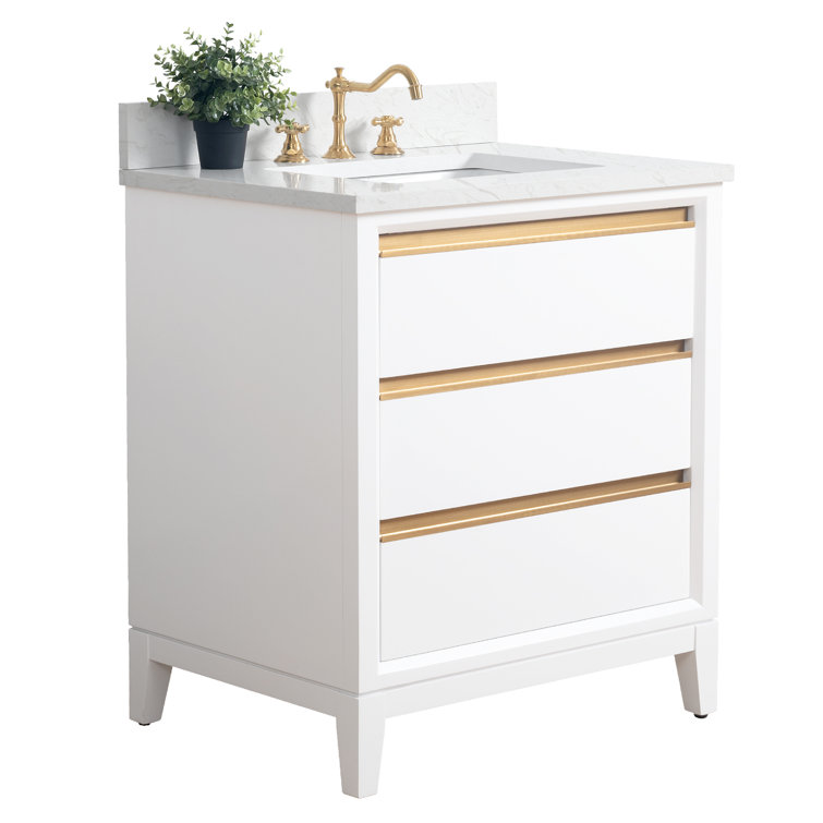 White Poplar Wood Single Bathroom Vanity with Marble Top