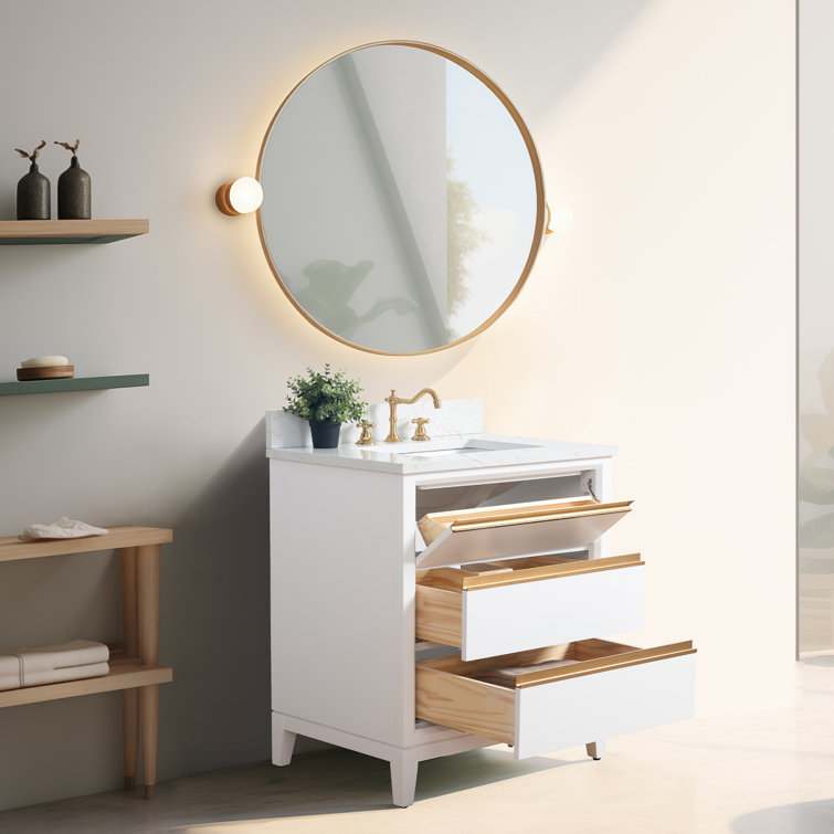 White Poplar Wood Single Bathroom Vanity with Marble Top