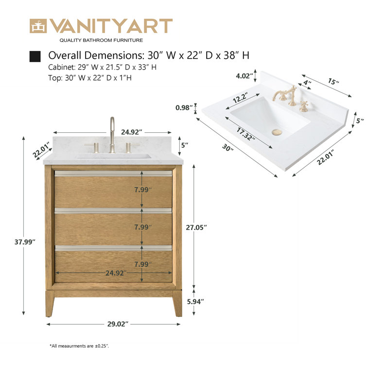 Natural Oak 30" Single Bathroom Vanity with Marble Top