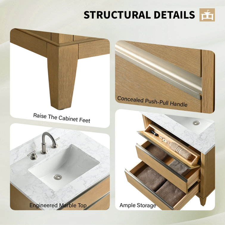 Natural Oak 30" Single Bathroom Vanity with Marble Top