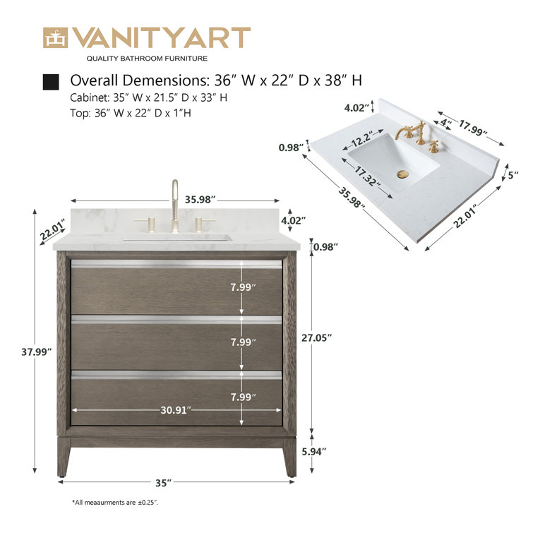 Driftwood Gray 36" Single Sink Bathroom Vanity with Marble Top