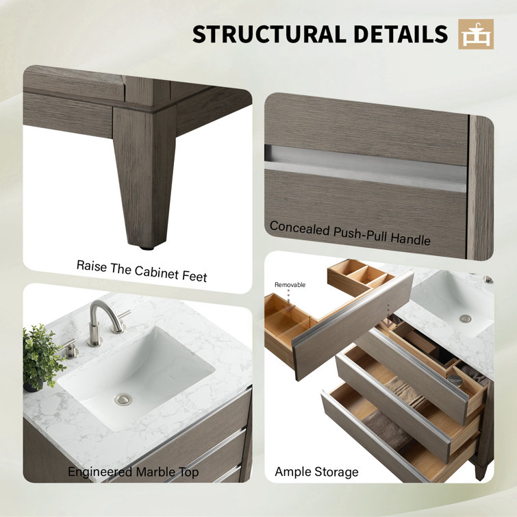 Driftwood Gray 36" Single Sink Bathroom Vanity with Marble Top