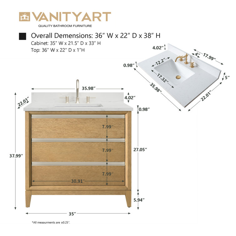 Natural Oak 36" Single Bathroom Vanity with Marble Top