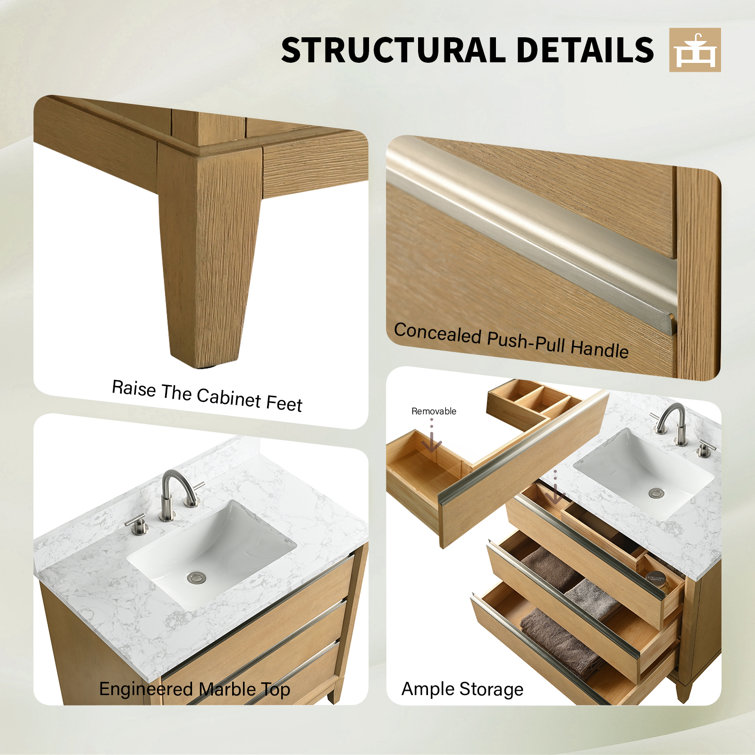 Natural Oak 36" Single Bathroom Vanity with Marble Top