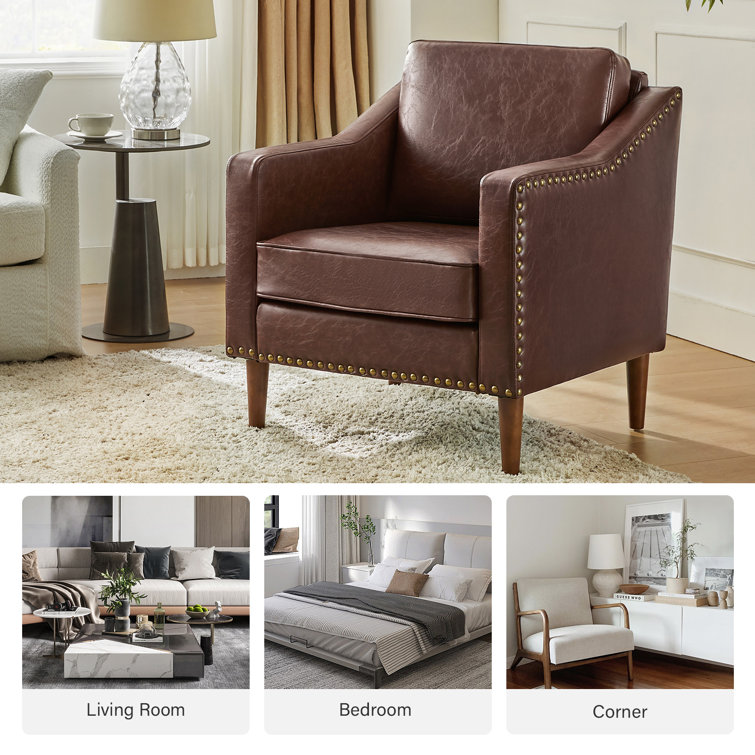 Brown Faux Leather Armchair Set with Nailhead Trim