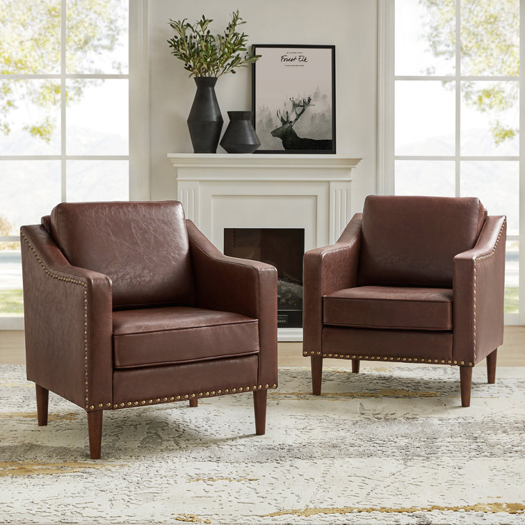 Brown Faux Leather Armchair Set with Nailhead Trim