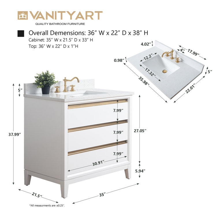 White and Gold 36" Freestanding Bathroom Vanity with Engineered Marble Top