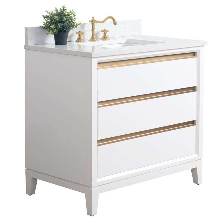 White and Gold 36" Freestanding Bathroom Vanity with Engineered Marble Top