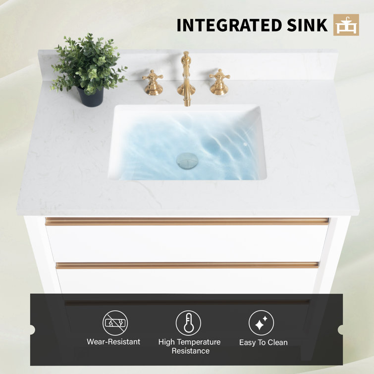 White and Gold 36" Freestanding Bathroom Vanity with Engineered Marble Top