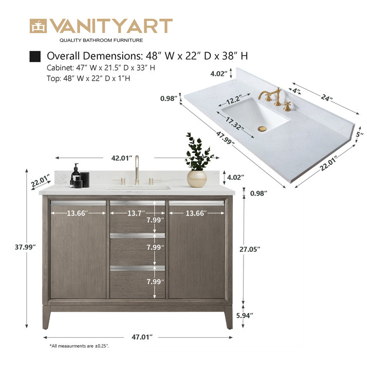 Driftwood Gray 48" Single Sink Bathroom Vanity with Engineered Marble Top