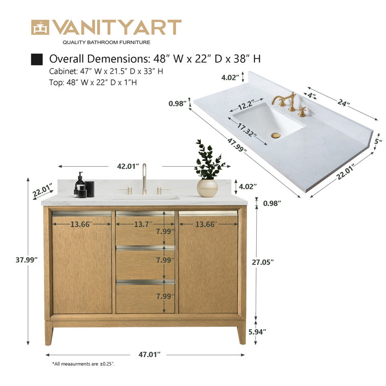 Natural Oak 48" Single Bathroom Vanity with Engineered Marble Top