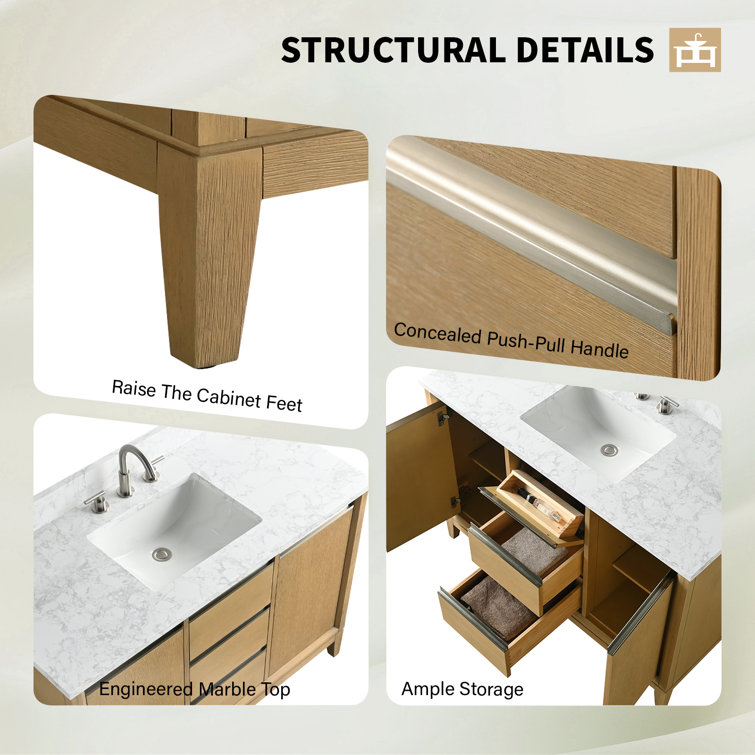 Natural Oak 48" Single Bathroom Vanity with Engineered Marble Top