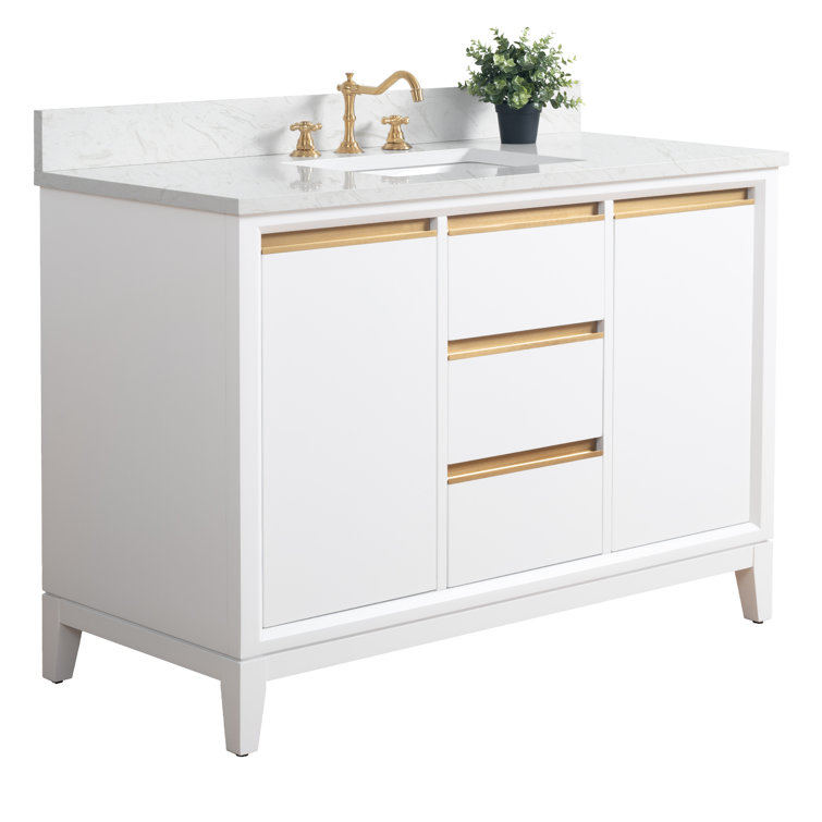 48" White MDF Freestanding Bathroom Vanity with Gold Accents