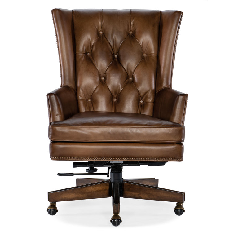 Brown Leather High Back Swivel Executive Chair with Dark Wood Base