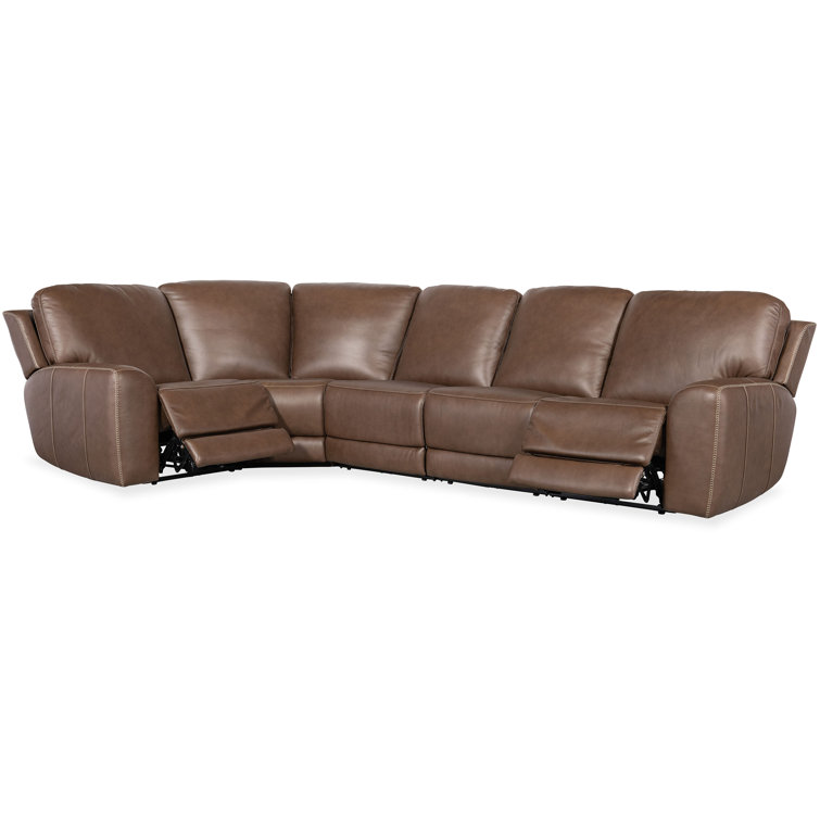 Sorrento Mocha Leather Five-Piece Reclining Sectional with Nailhead Trim