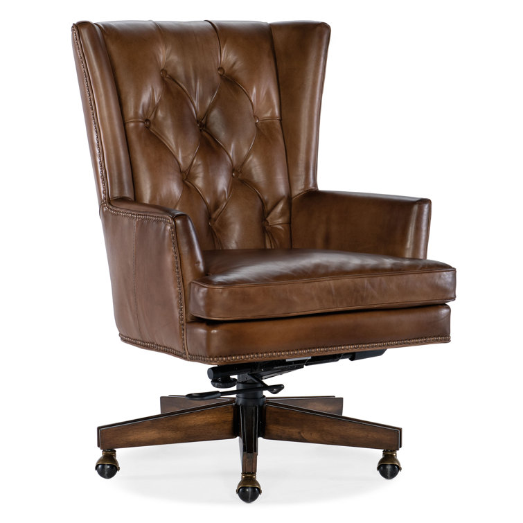 Brown Leather High Back Swivel Executive Chair with Dark Wood Base