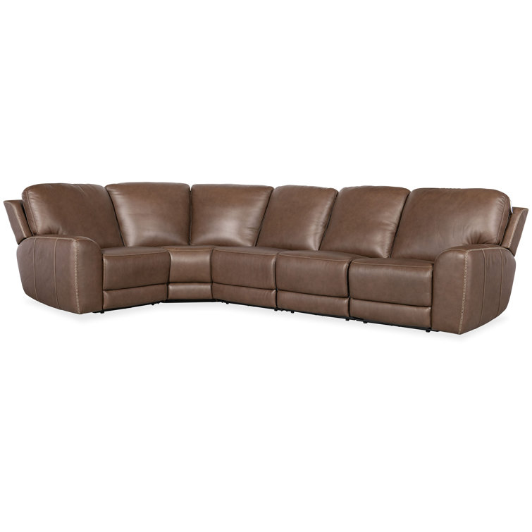 Sorrento Mocha Leather Five-Piece Reclining Sectional with Nailhead Trim