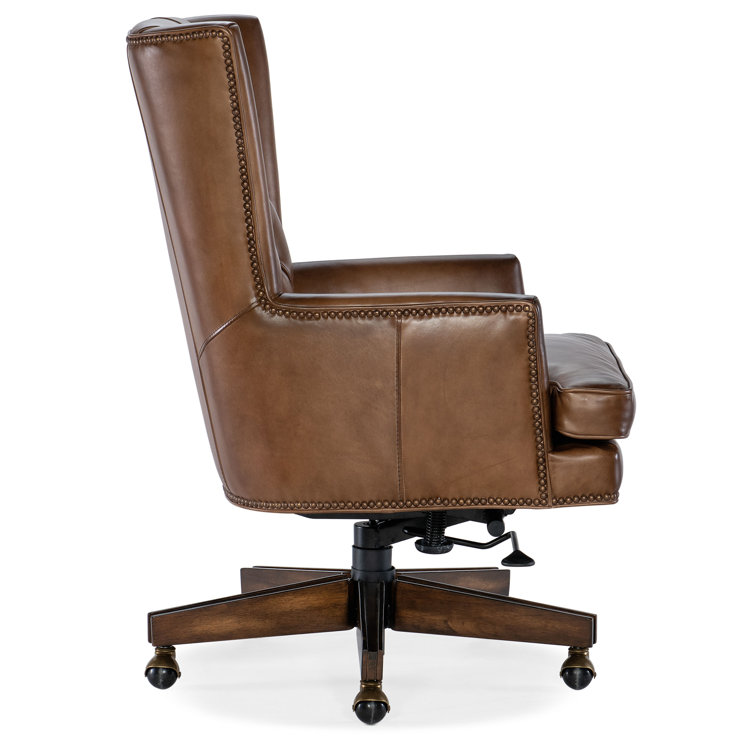 Brown Leather High Back Swivel Executive Chair with Dark Wood Base