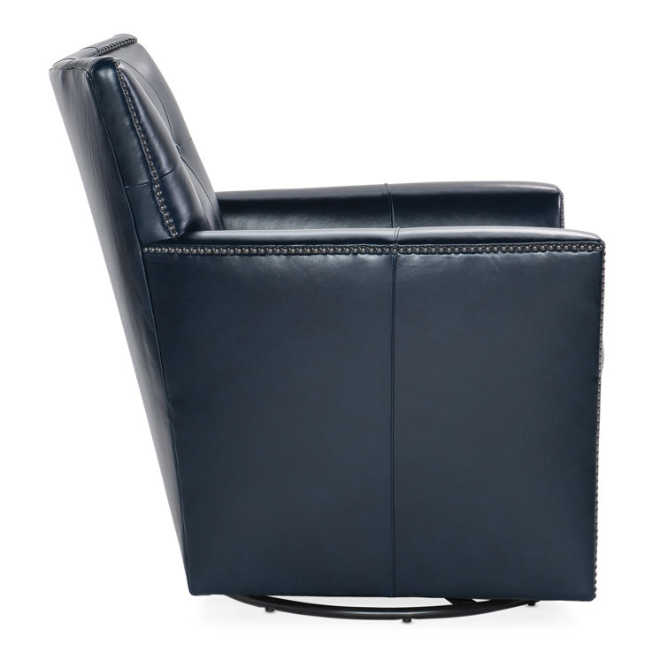 Hamptons Blue Leather Swivel Accent Chair with Nailhead Trim