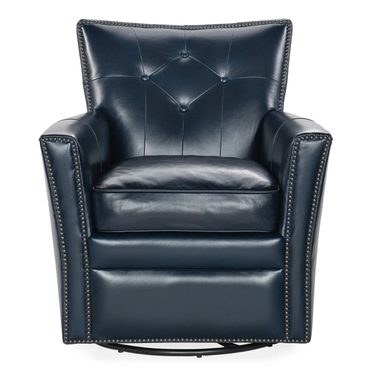 Hamptons Blue Leather Swivel Accent Chair with Nailhead Trim