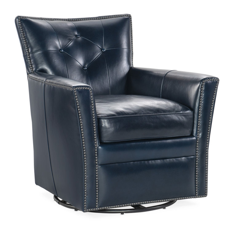 Hamptons Blue Leather Swivel Accent Chair with Nailhead Trim