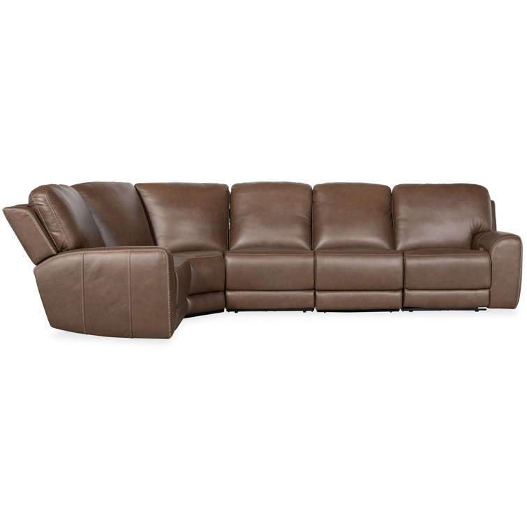 Sorrento Mocha Leather Five-Piece Reclining Sectional with Nailhead Trim