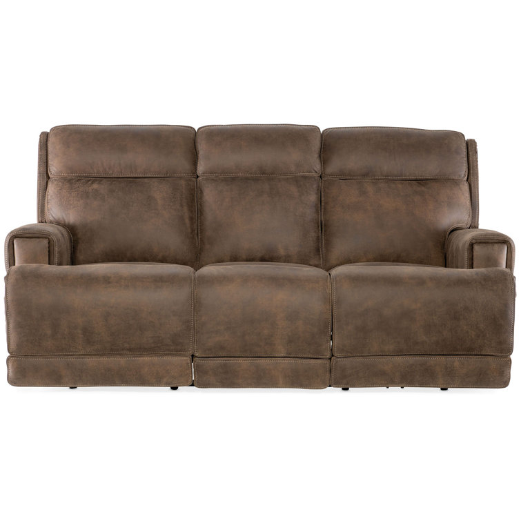 Seville Timber Brown Leather Reclining Loveseat with Storage and Cup Holder