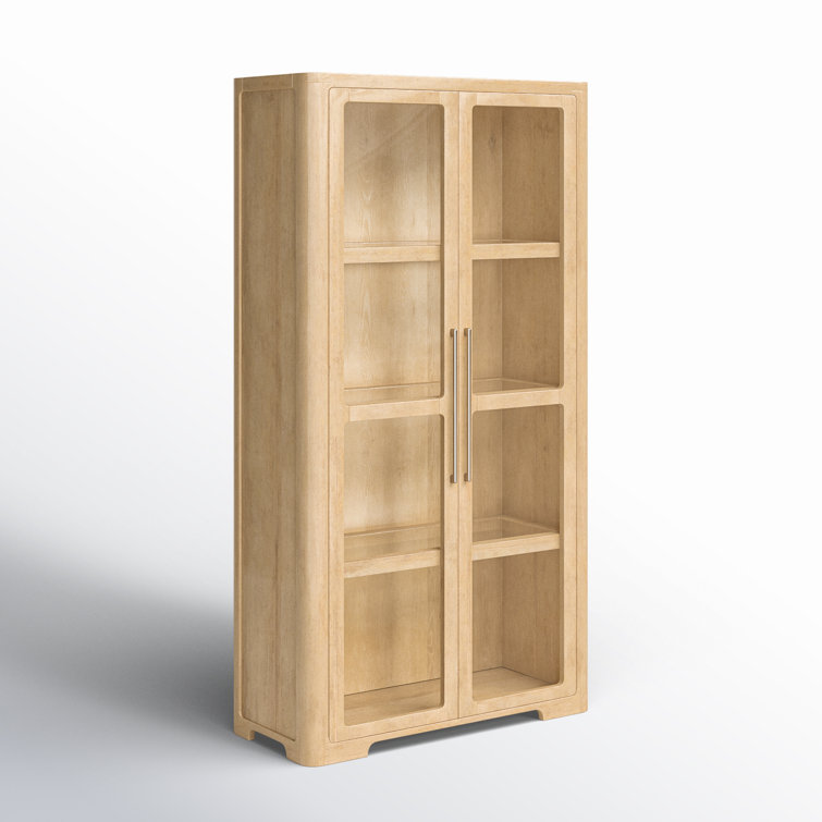 Beige Oak Veneer Lighted Display Cabinet with Glass Doors