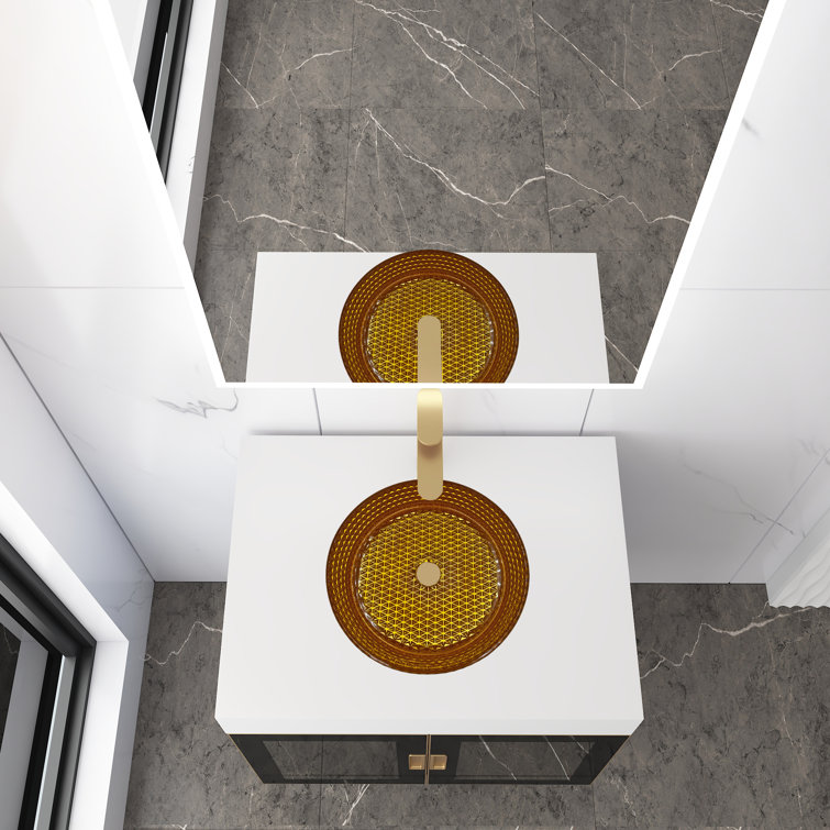 Gold Tempered Glass Circular Bathroom Vessel Sink, 14-inch