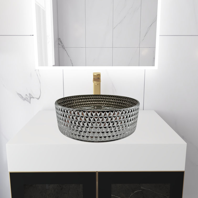 Silver 14" Textured Glass Circular Bathroom Vessel Sink
