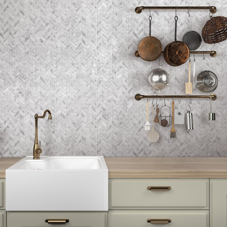 11.22'' x 11.22'' Chevron White Marble Mosaic Tile