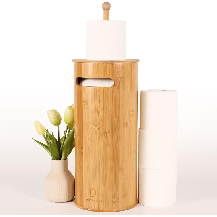 Freestanding Bamboo Toilet Paper Holder with Lid for Boho Bathroom