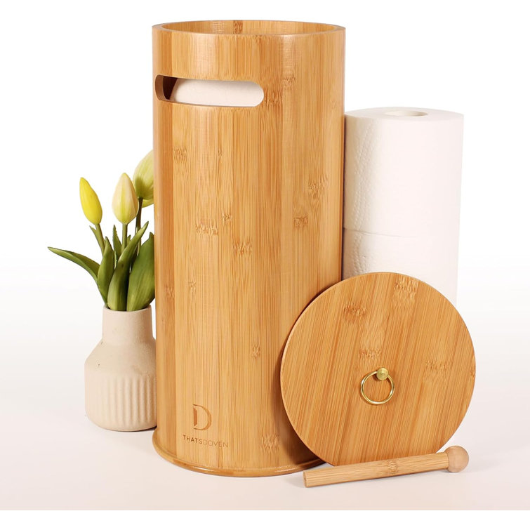 Freestanding Bamboo Toilet Paper Holder with Lid for Boho Bathroom