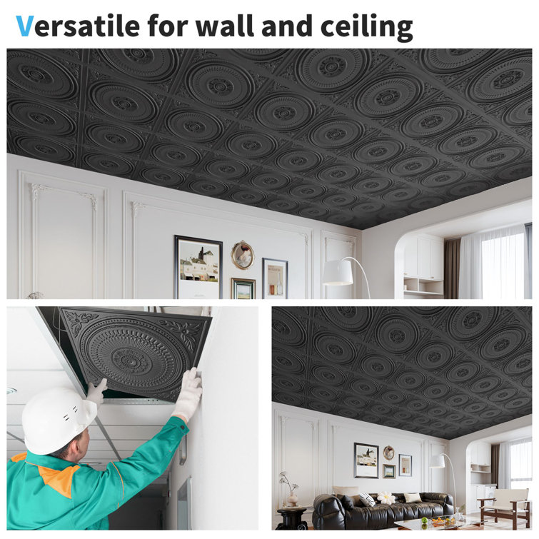 24''x24'' Black Decorative PVC Ceiling Tiles, 12-Pack