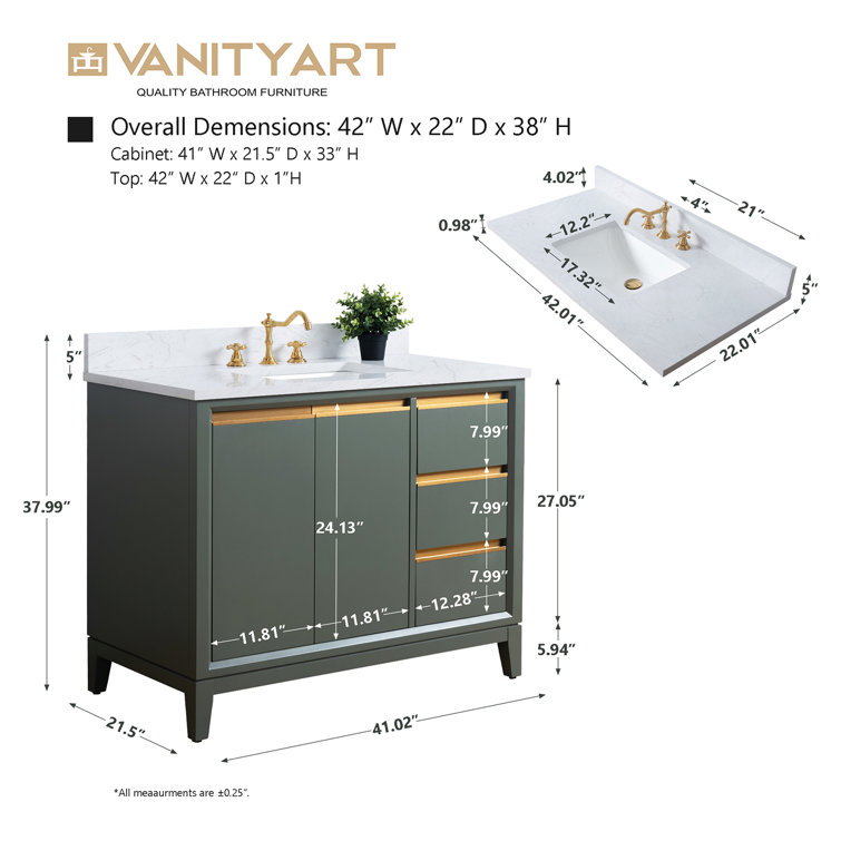Vintage Green 42" Freestanding Bathroom Vanity with Marble Top