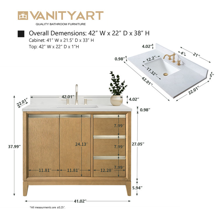 Natural Oak Single Sink Bathroom Vanity with Marble Top