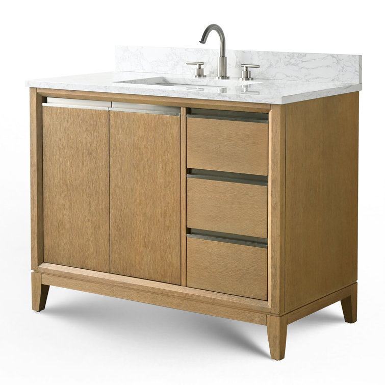 Natural Oak Single Sink Bathroom Vanity with Marble Top